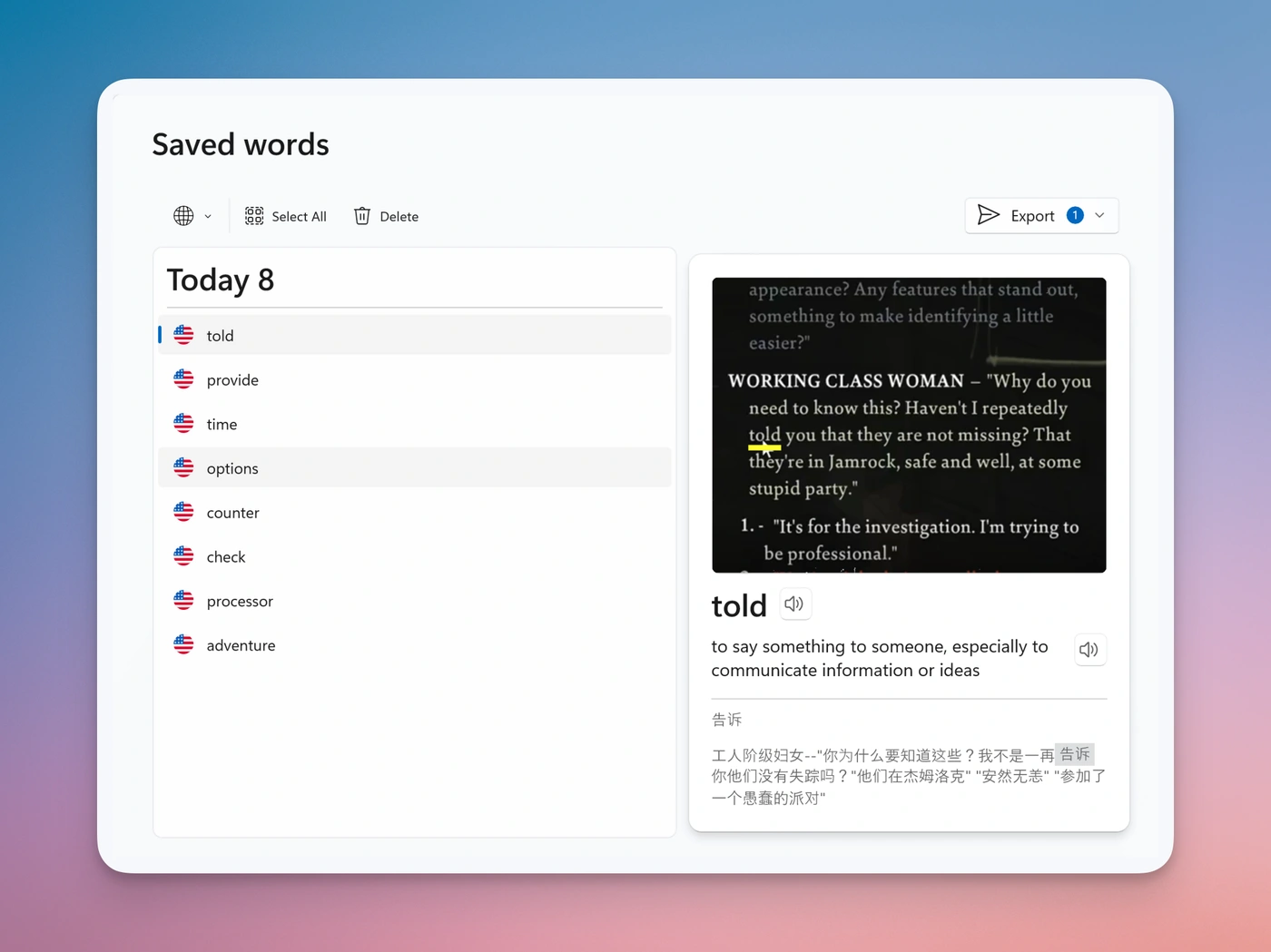 Lookupper's saved words